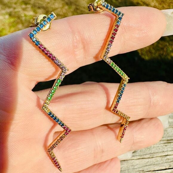 Dazzling Zigzag Rainbow Earrings – Gold Plated Multicolor Zigzag Earrings - Picture 8 of 17